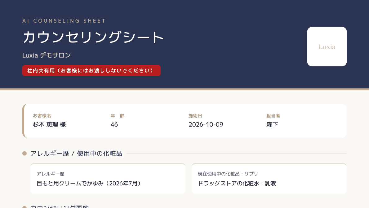 スタッフ用のPDF。社内共有用の表示が入る